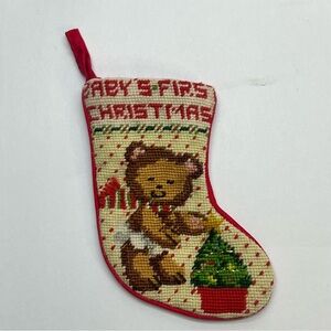 vintage baby’s first christmas needle point bear house of hattan wool 5x3 inch